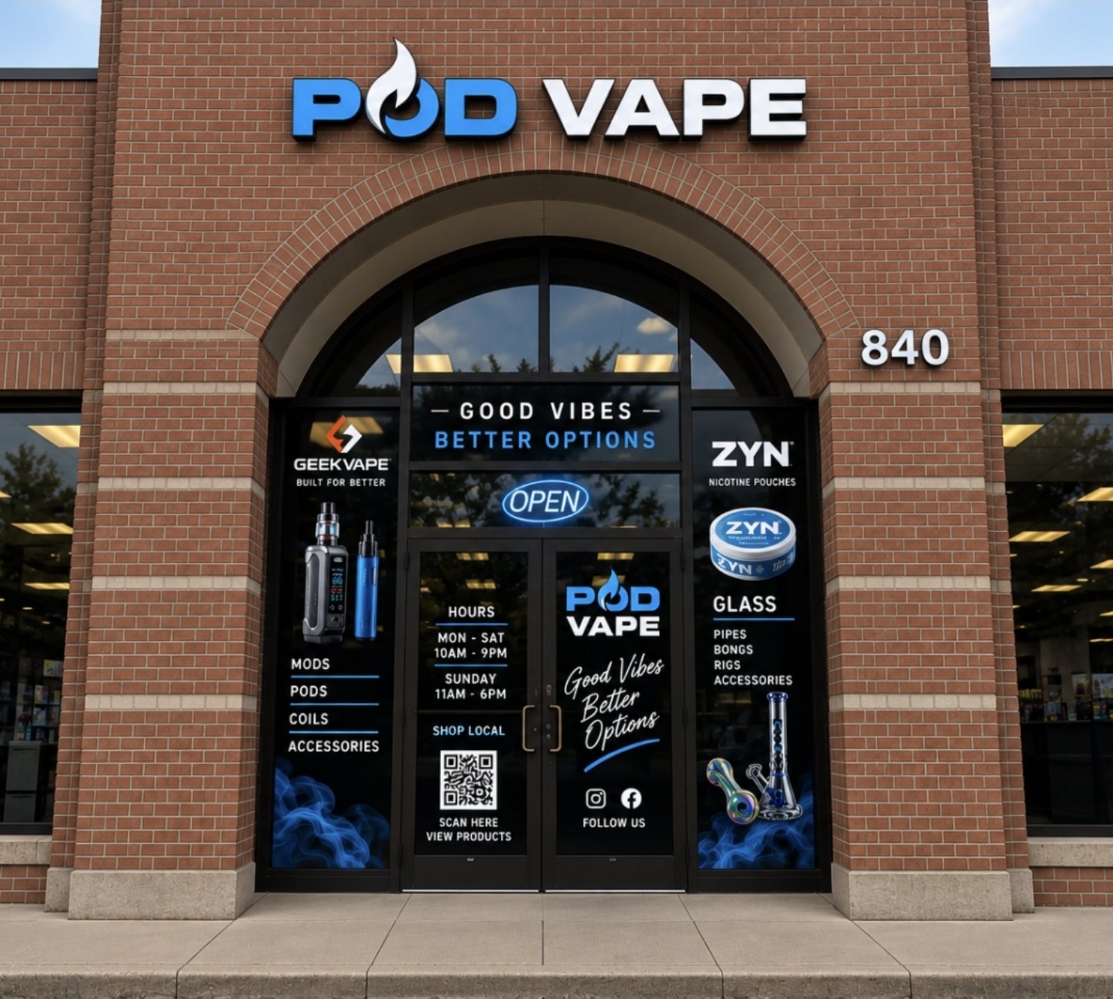 The POD Vape storefront in Chanhassen, with the illuminated sign above the entrance